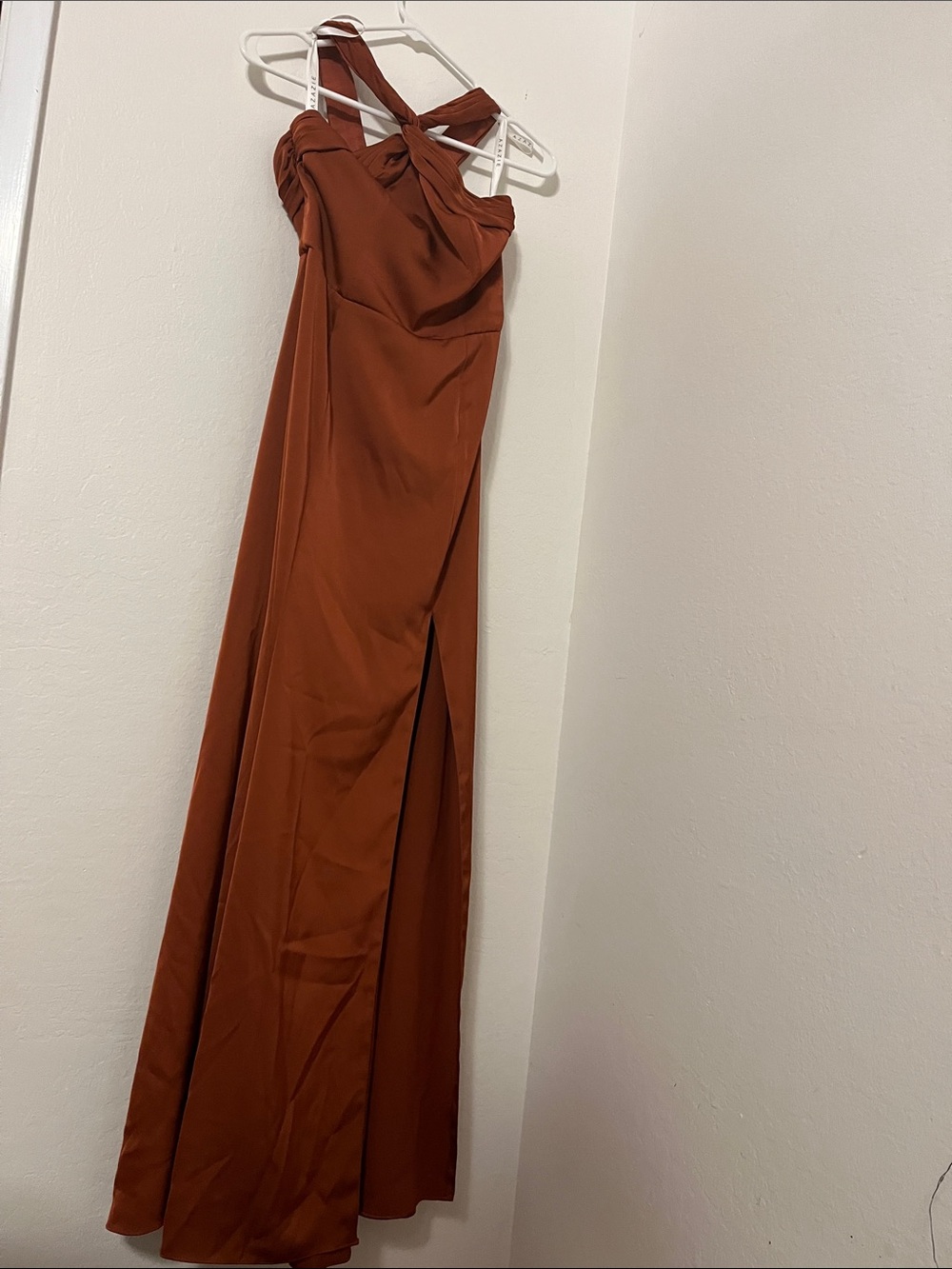 Azazie Rust Cross-Front Satin Maxi Dress
